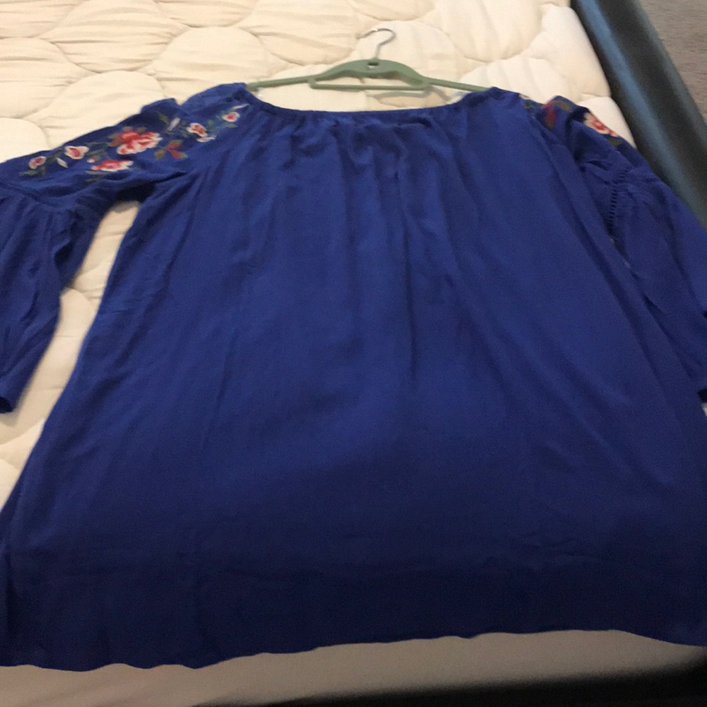 Off the shoulder, blue gauze dress